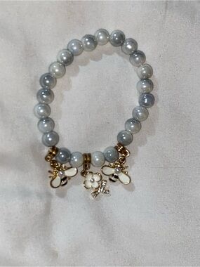 Gold Bee Charm Gray Pearl Stretch Bracelet